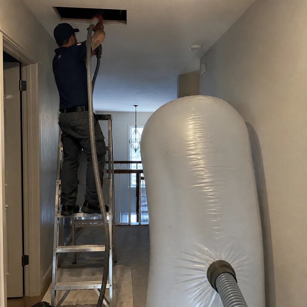Technician performing professional air duct cleaning services in a residential home