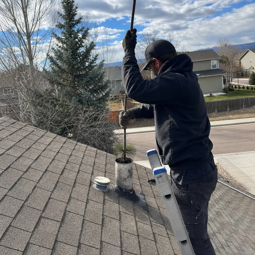 Professional cleaning a residential dryer vent from the roof with a brush