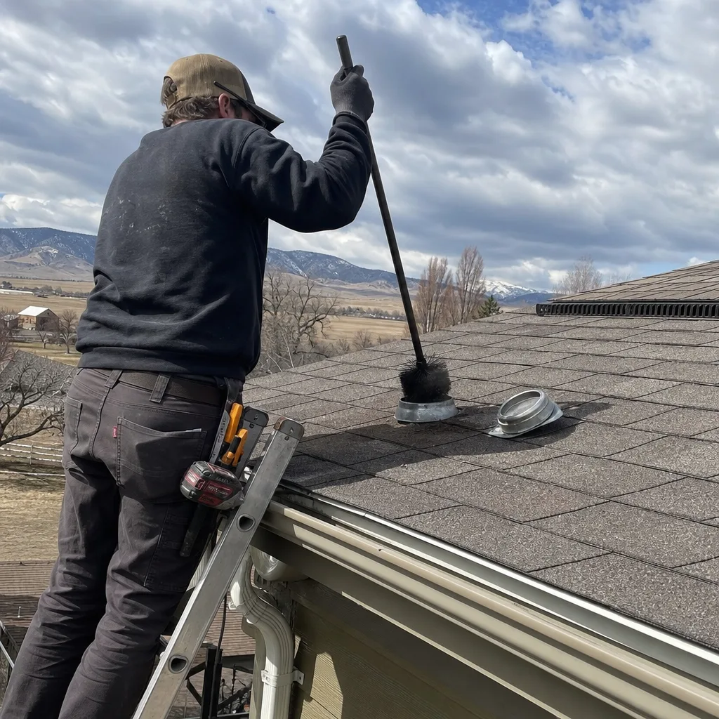 Professional technician performing dryer vent cleaning on a residential rooftop
