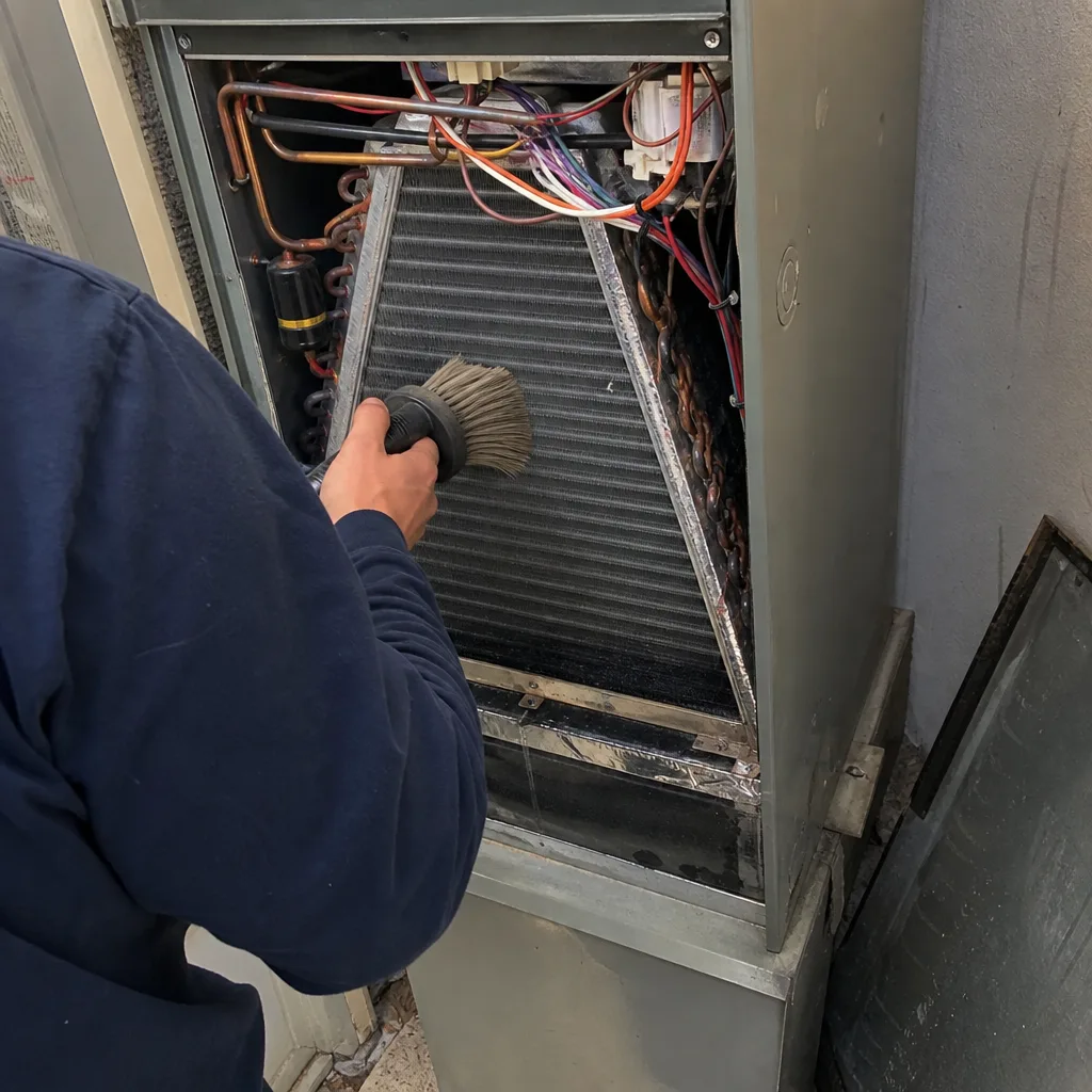 HVAC technician cleaning air conditioning unit evaporator coils