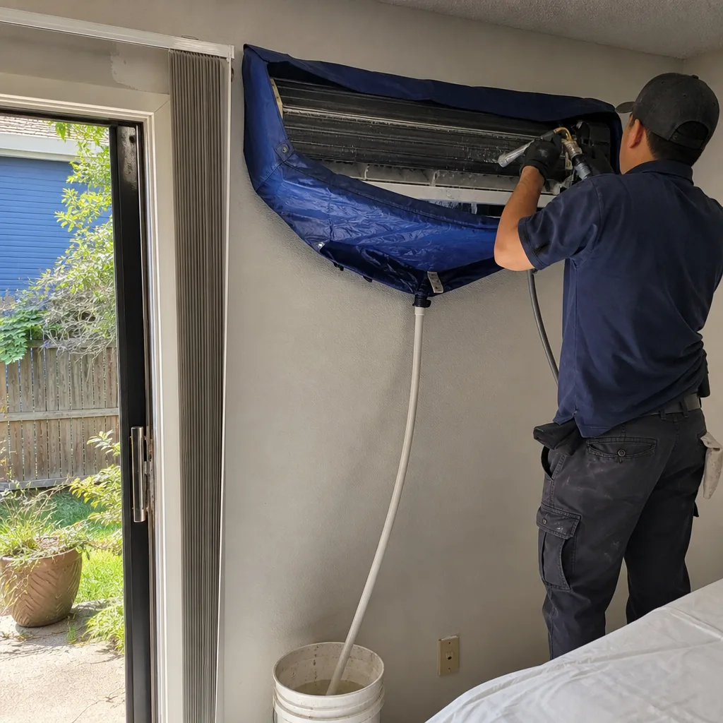 Technician performing professional mini-split HVAC system cleaning service