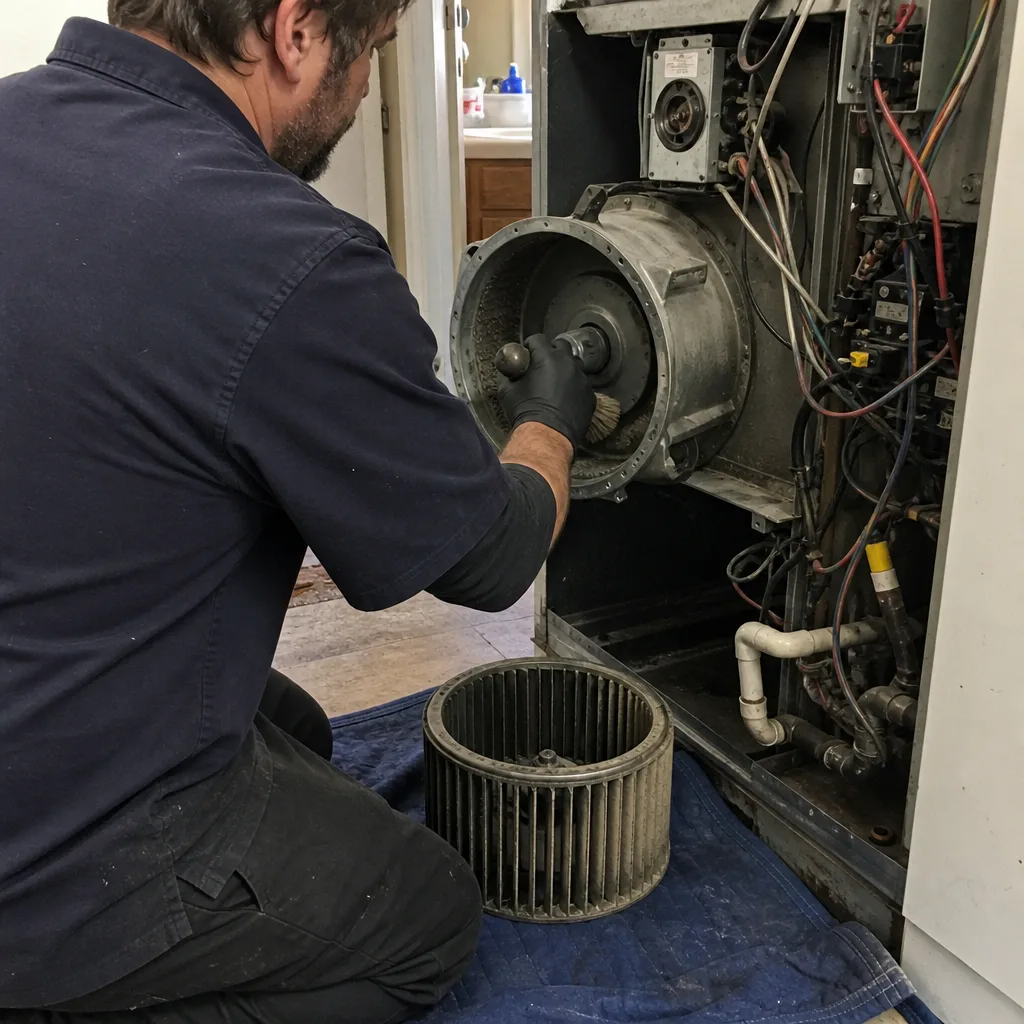 HVAC technician performing professional furnace blower assembly cleaning and maintenance